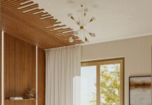 “잠 깨어나는 아침, 슬기로운 수면 습관이 건강을 바꾼다” Modern bedroom with wooden accents and natural light.