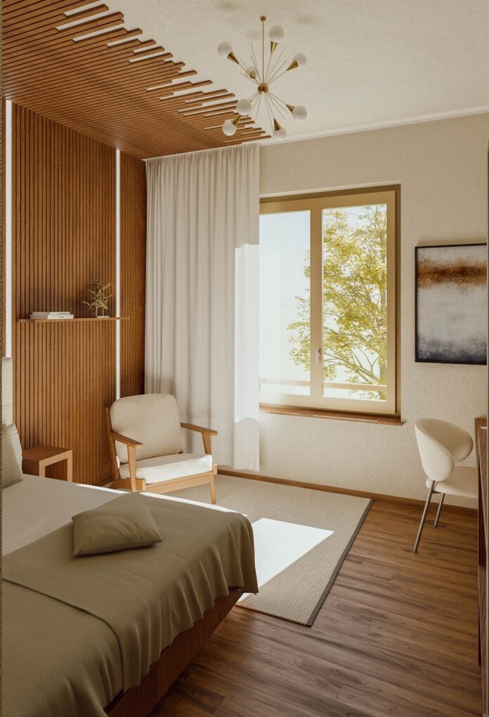 Photo by Marcel Strauß Modern bedroom with wooden accents and natural light.