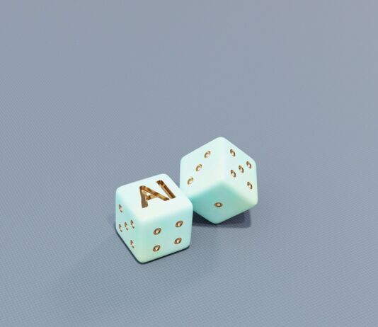 “집에서도 손쉽게…AI와 함께하는 스마트 건강 관리” Two dice with ai letters and dots